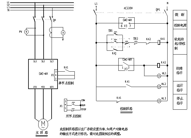 CMC-MX內(nèi)置旁路軟起動器基本接線原理圖、三角形內(nèi)接連接圖和典型應(yīng)用接線圖(圖3)